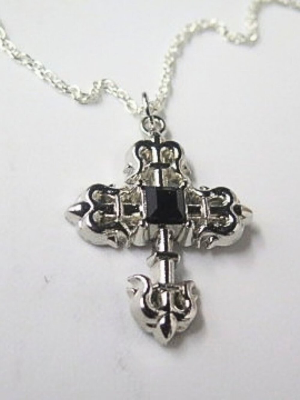 Ornate Silver Tone Cross Pendant Necklace Black Stone Gothic Style New Chain